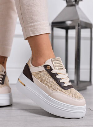 SONIA - Beige sneakers with gold laminated fabric inserts