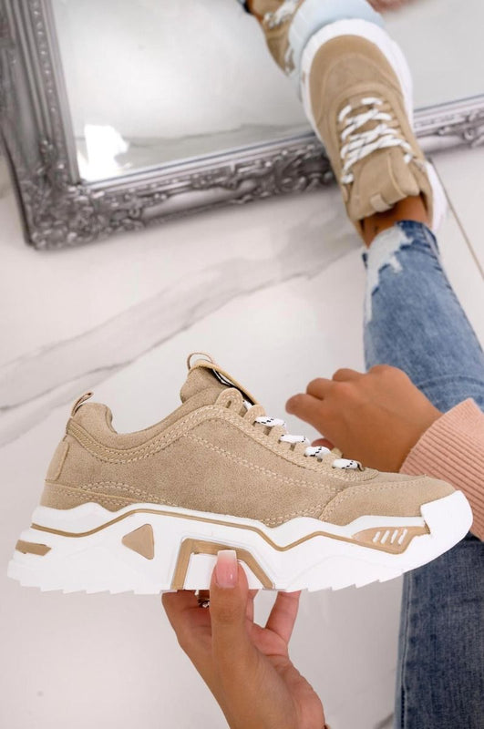 ROBIN - Beige suede sneakers with chunky sole and laces