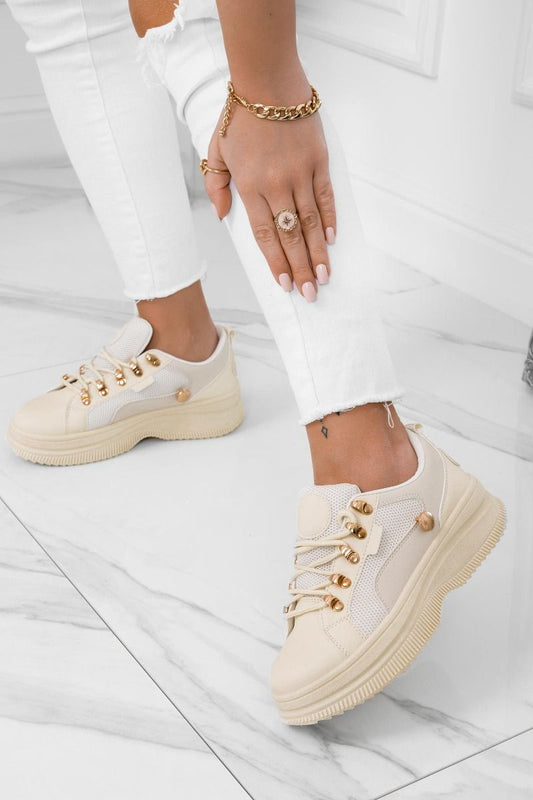 ELVIRA - Beige sneakers with golden button and hooks