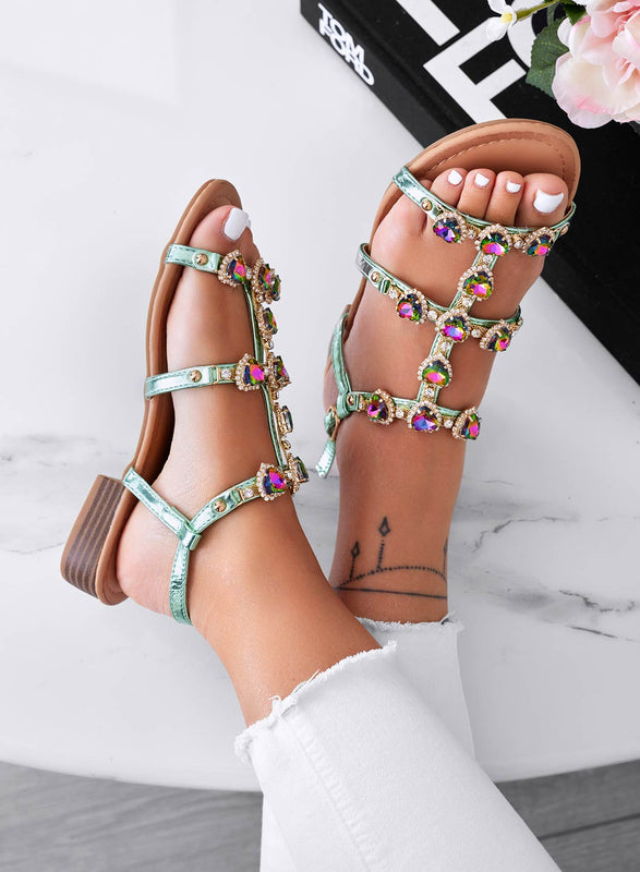 SHANA - Green jewel flat sandals