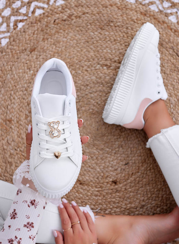 BEVERLY - White sneakers with jewel bear and pink back