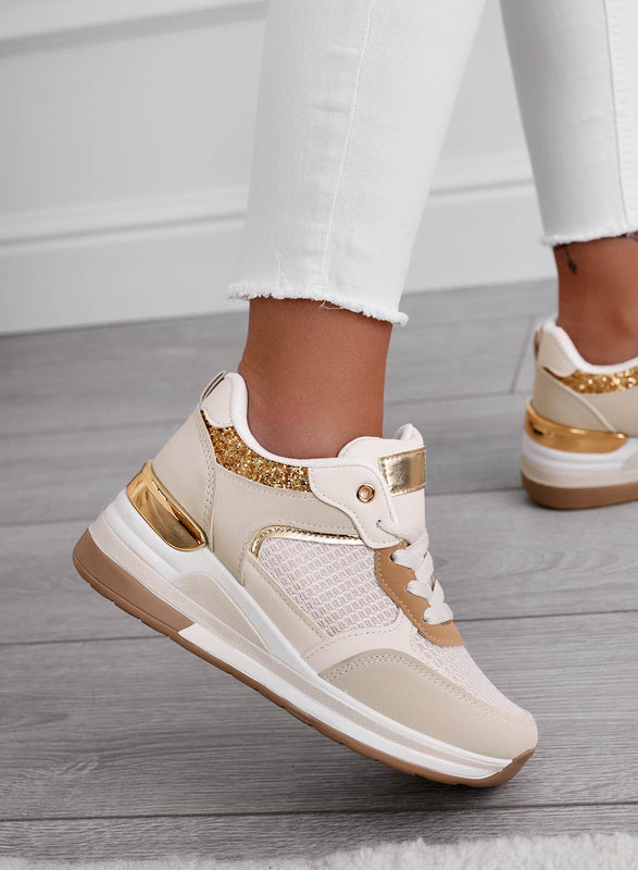 RIVET - Baskets beiges avec empiècements pailletés or