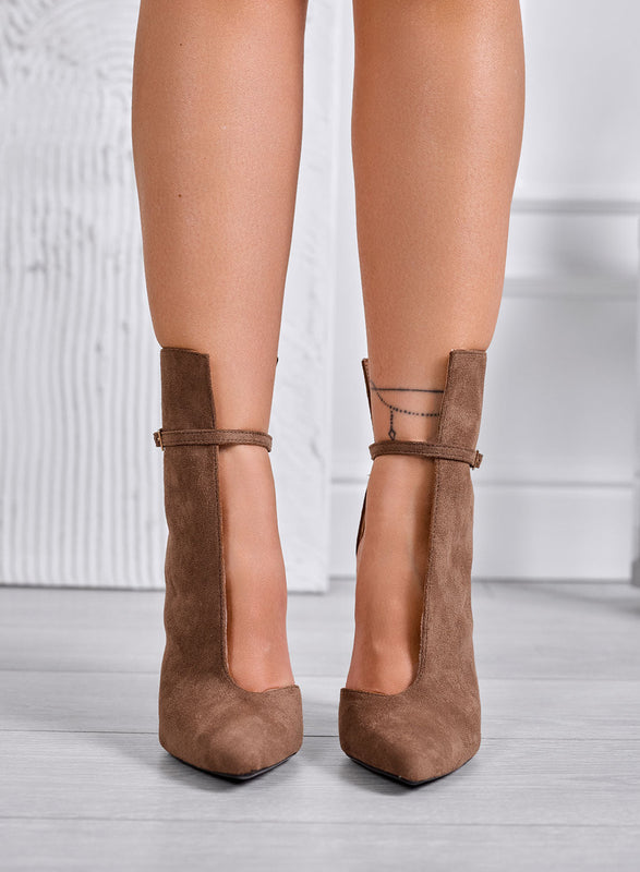 ADELAIDE – Taupe ankle boots with side cut-out and high stiletto heel