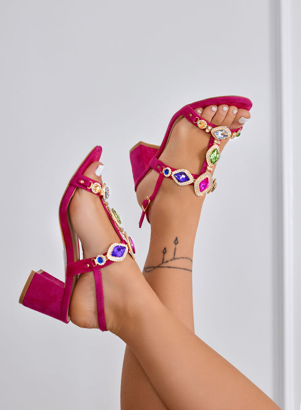 YULIA - Sandalias joya fucsia con tacón ancho y piedras multicolor