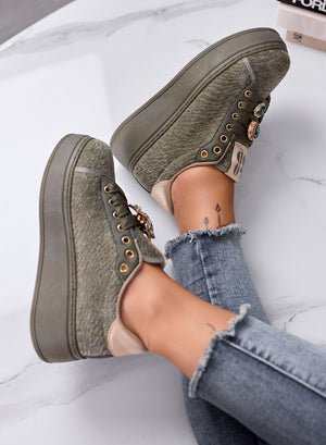 NINFA - Green platform sneakers in laminated fabric with jewel embellishment