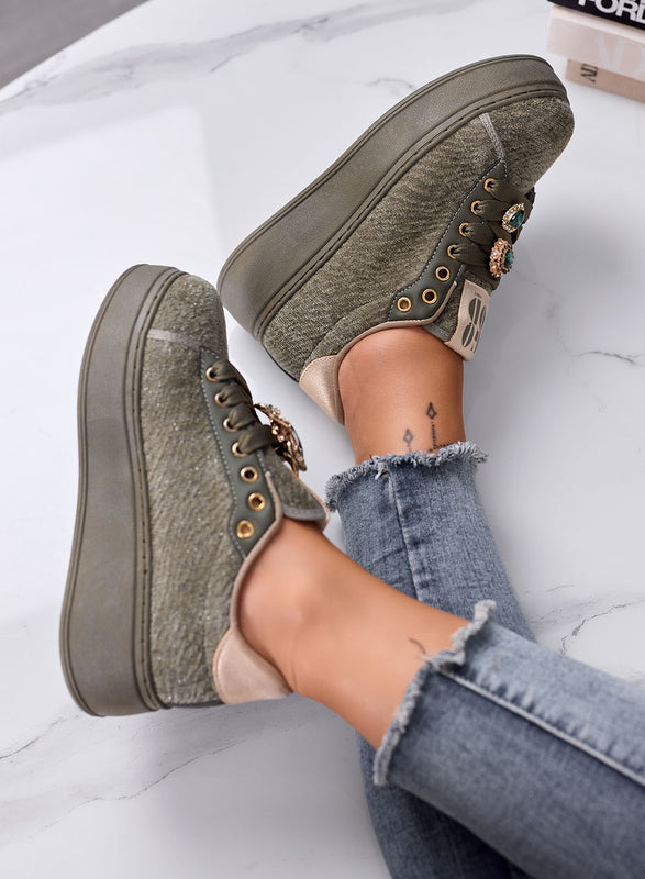 NINFA - Green platform sneakers in laminated fabric with jewel embellishment