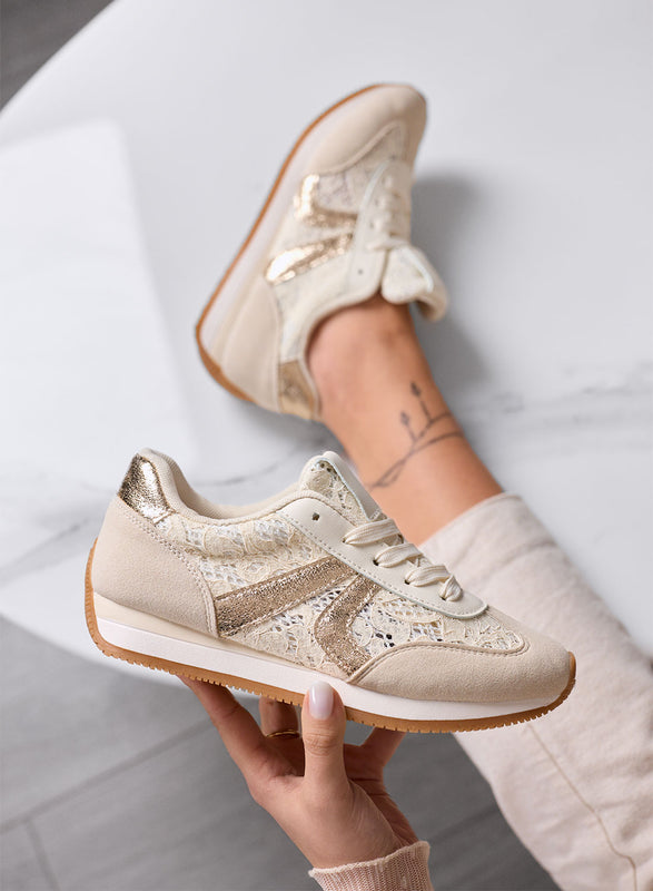 GIULIANA - Sneakers beige con pizzo e inserti oro