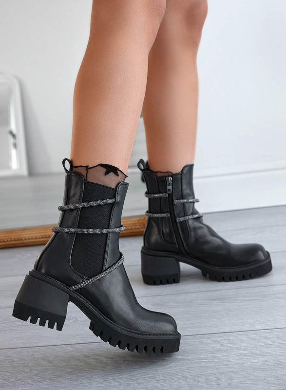 HARRY - Black Alexoo ankle boots with side elastic and rhinestones