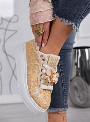 DOROTY - Beige Woven Sneakers with Jewel Flower Appliqués and Platform Sole