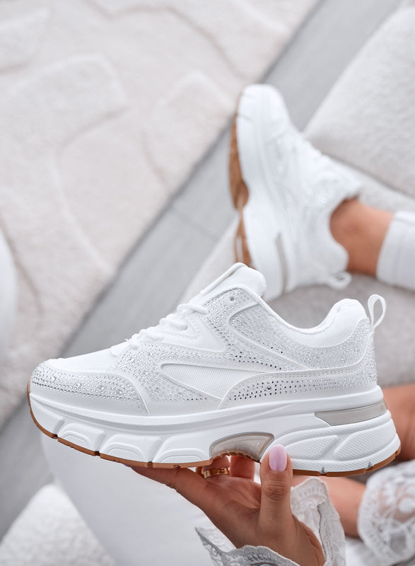 MARTINA - Baskets blanches avec strass et semelle plateforme épaisse