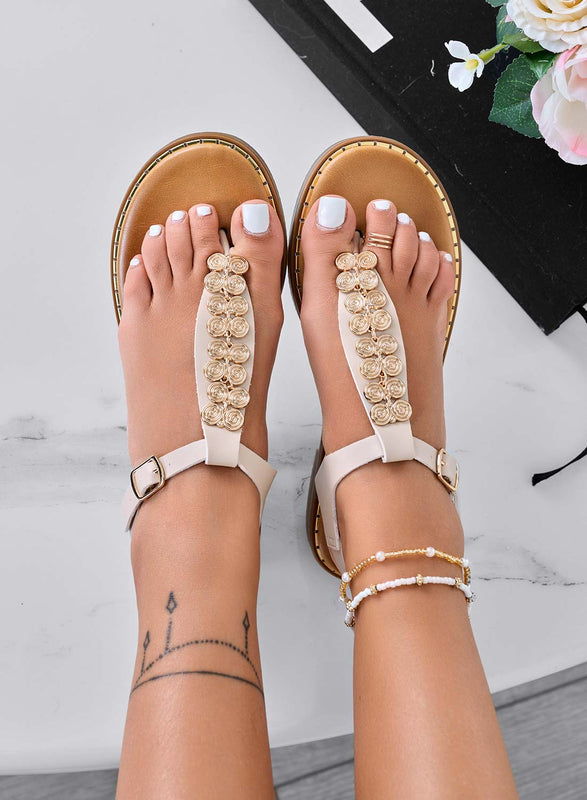 NANCY - Beige flat thong sandals with gold application