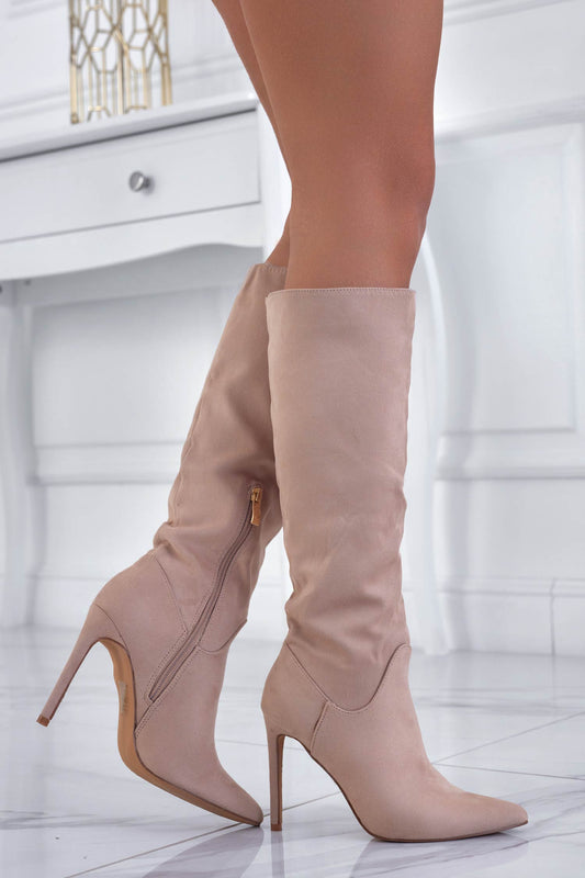 SHERLIN - Beige suede boots with stiletto heel