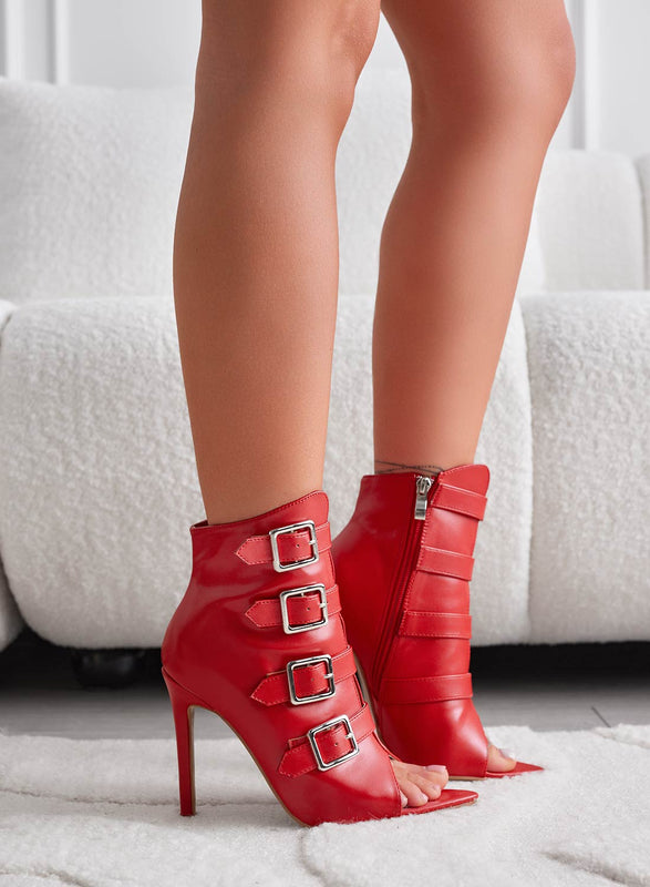 MIRELLA - Red peep toe ankle boots with buckles and high heels