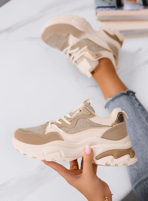 TRILLY - Sneakers chunky beige con dettagli oro e maxi suola