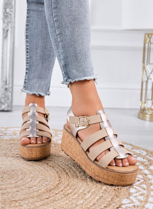 MATILDE – Beige wedge platform sandals with cork-effect sole