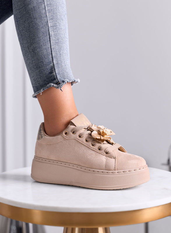 IVON - Sneakers platform beige con Fiore Decorativo