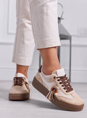 NASTIA - Sneakers Donna beige Scamosciate con Nappine e Perline