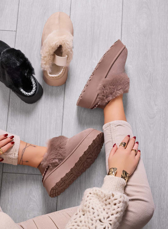 NITRA - Chaussons marron rembourrés avec fausse fourrure et élastique à l’arrière