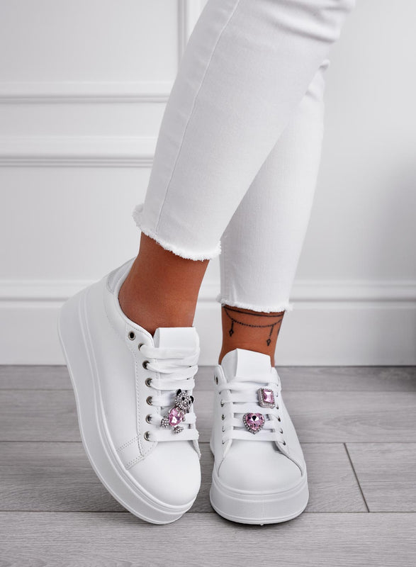 RORY - White sneakers with silver back and pink jewel bear