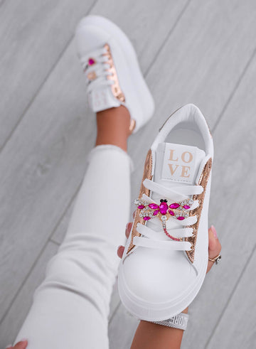 CELY - White and gold jewel sneakers with fuchsia dragonfly