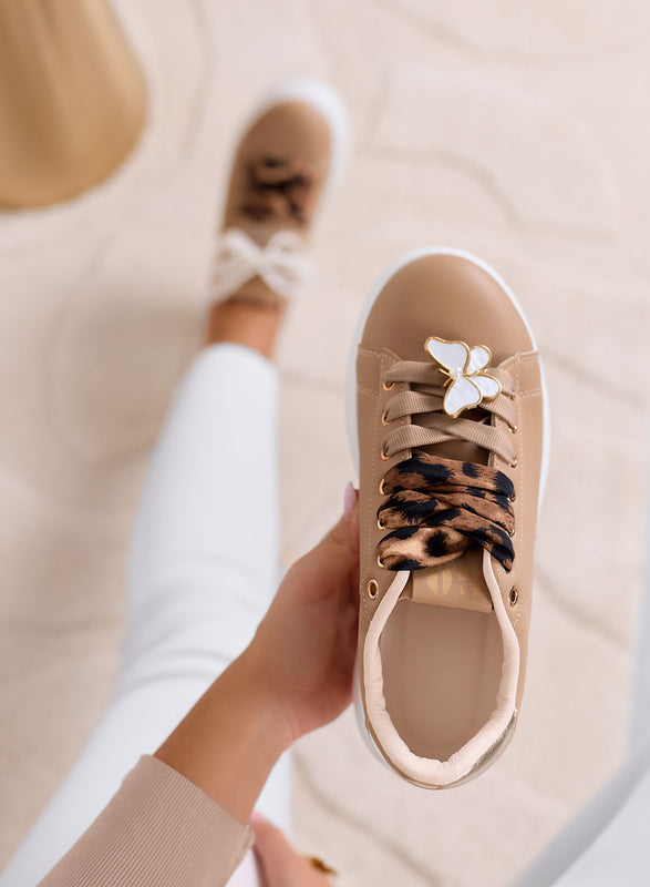 LAURA - Baskets plateforme taupe avec lacets imprimé animal et détails bijoux