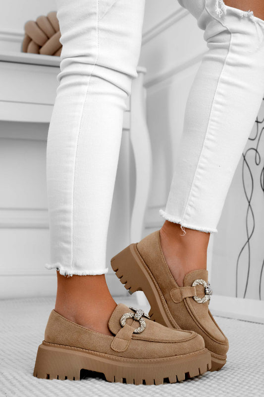 ARIELLE - Mud suede loafers with jeweled buckle