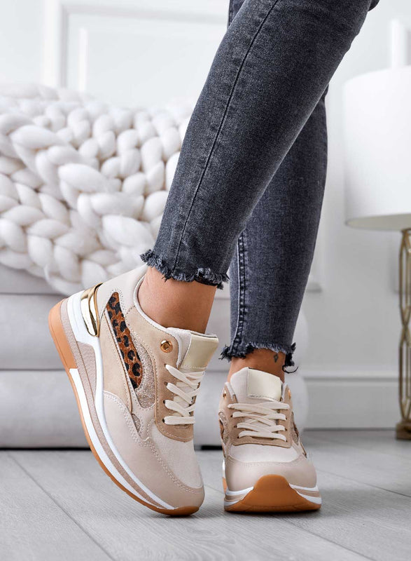 Beige sneakers with glitter and animal print inserts
