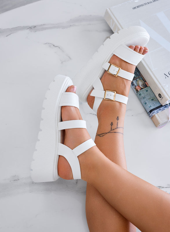 MORA - White chunky sandals with double gold buckle and lug sole