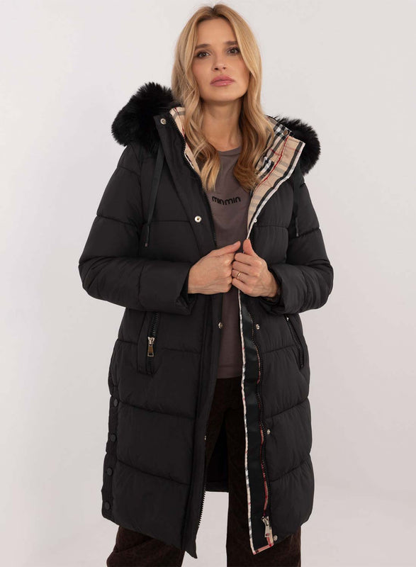 Long black padded jacket with faux fur hood