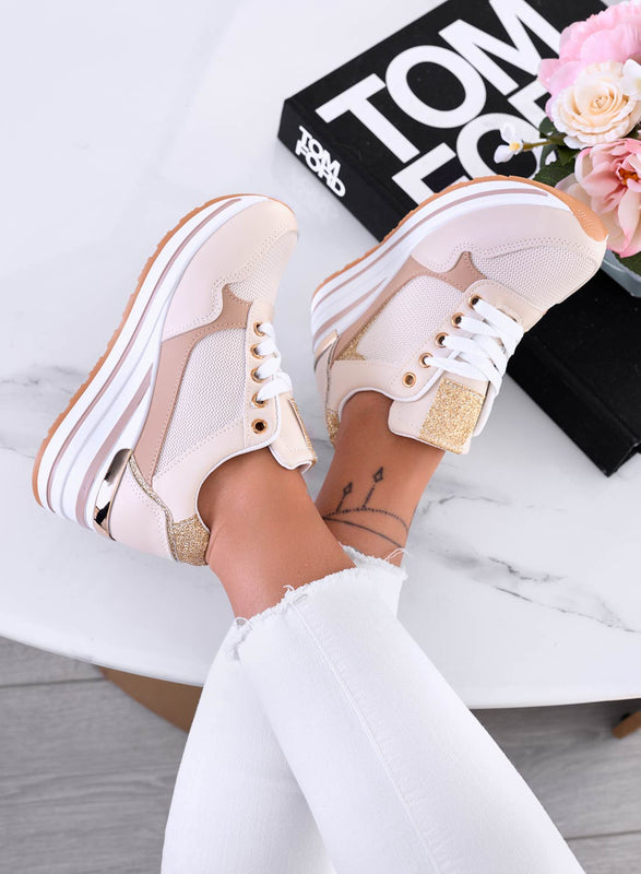 THEA - Beige sneakers with wedge and gold trim