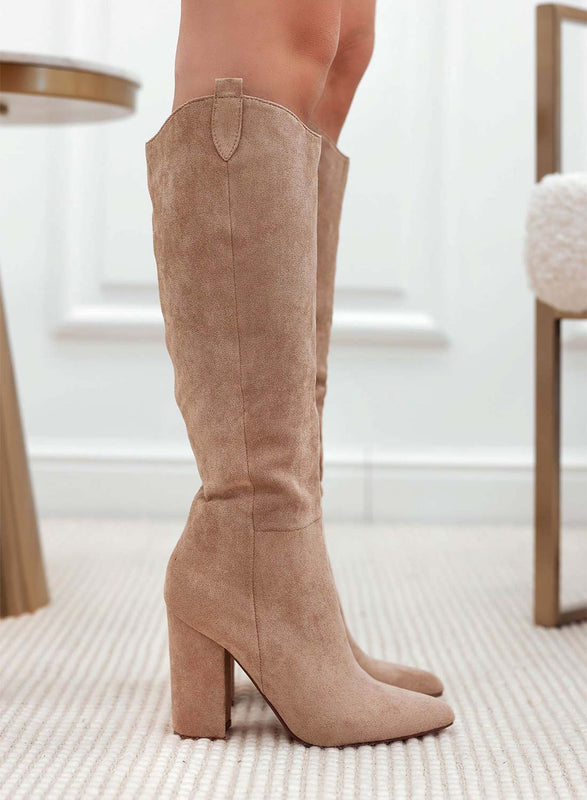 CASSIA - Bottes hautes taupe à talon large et bout pointu