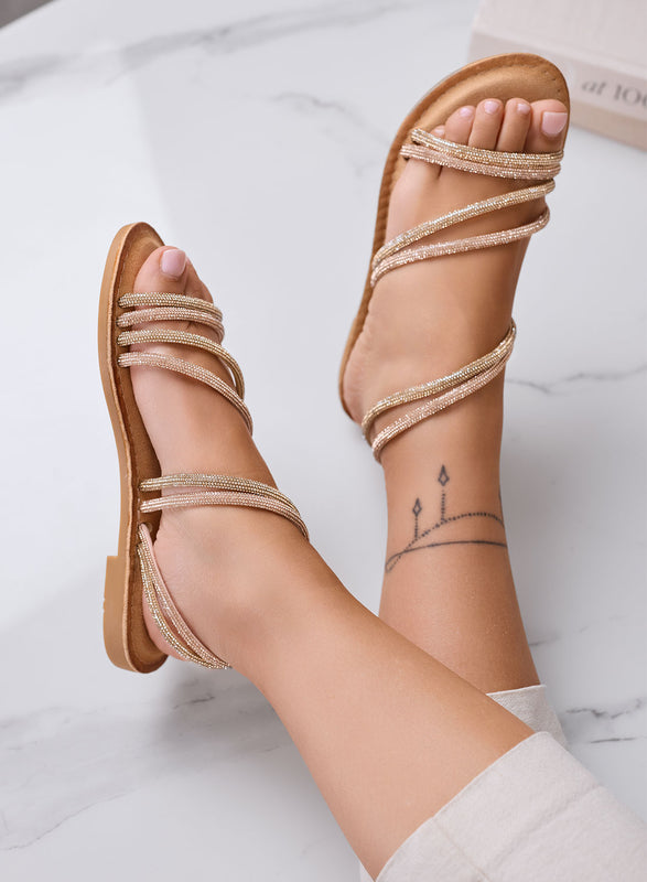 CHIARA - Flat gold jeweled sandals with rhinestone straps