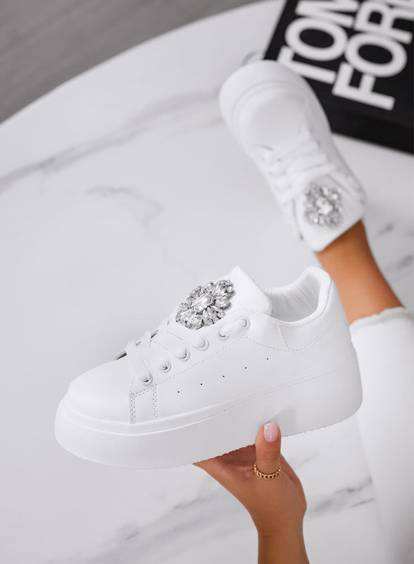 RONNIE - White platform sneakers with large silver jeweled flower