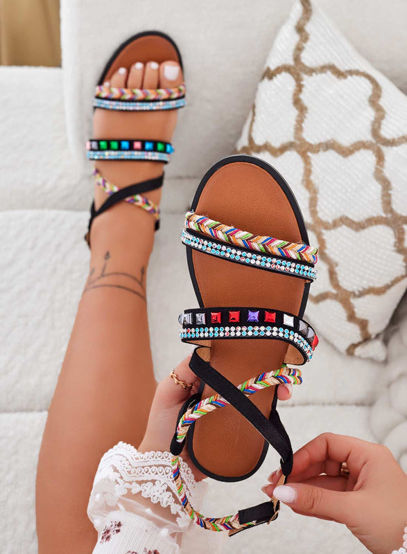 HENRY - Flat black sandals with rhinestones and multicolor studs