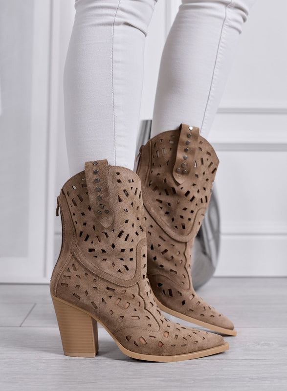 TIZIANA - Perforated Mud Texan Ankle Boots with Heel