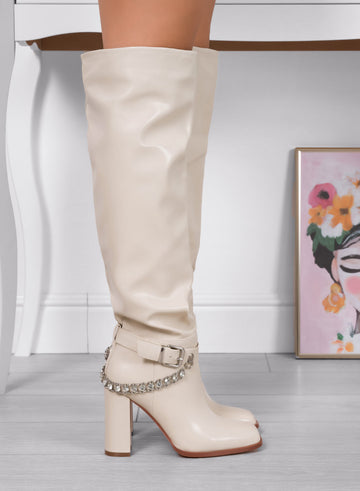 ALESSANDRA - Beige over-the-knee Alexoo boots with rhinestone chain