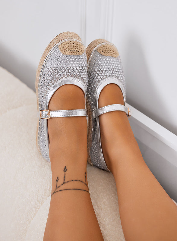 MARIKA - Silver espadrilles with rhinestones and ankle strap on rope sole