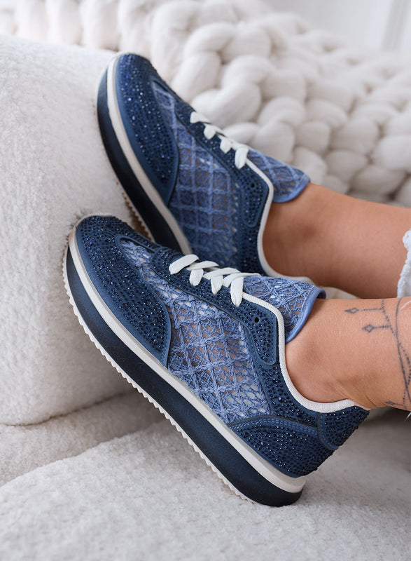 LORENA - Blue Sneakers with Lace and Shiny Rhinestones