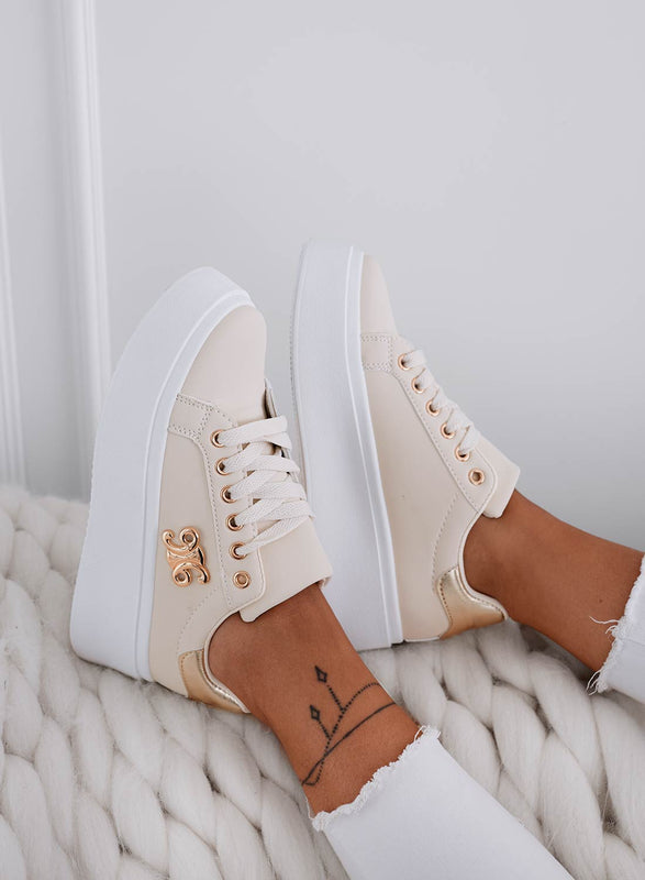 ANNARITA - Beige sneakers with a gold-back and gold appliqué