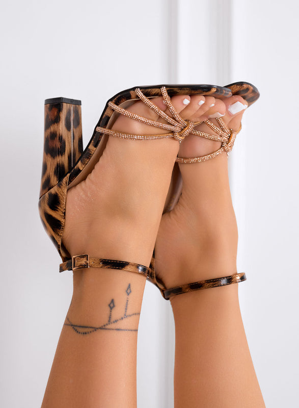 LIAM - Elegant Leopard Print Sandals with Jewel Straps and Chunky Heel