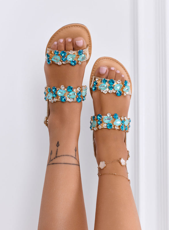 MICHELA - Sandali oro Bassi con Pietre Gioiello azzurre e Cinturino