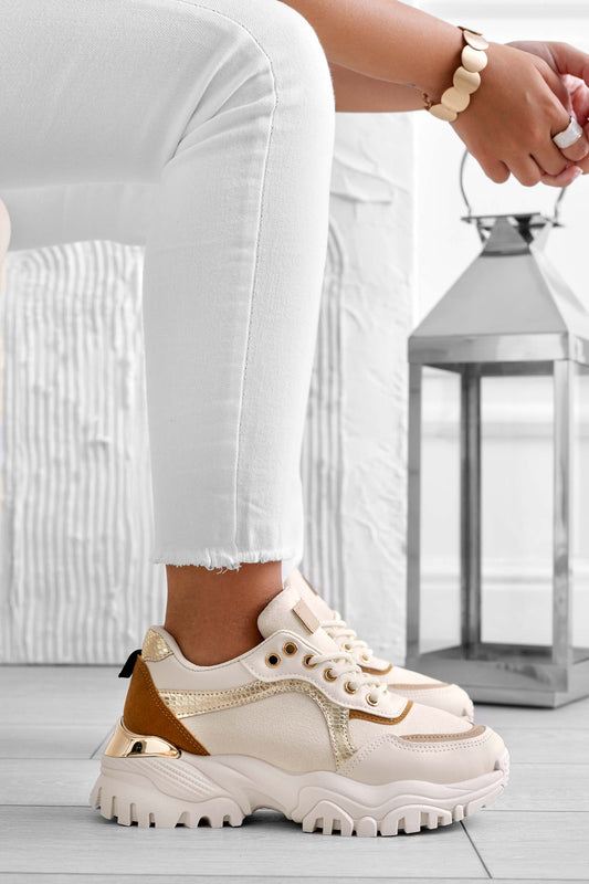 MELANIA - Beige sneakers with high sole and contrasting panels