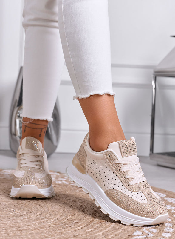 ELISA - Sneakers Beige con Strass e Dettagli Traforati