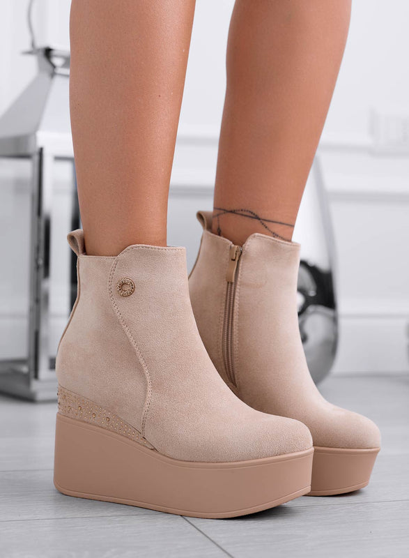 NINA - Beige ankle boots with wedge and rhinestones