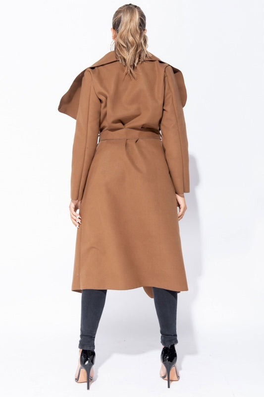 Camel long coat with waist drawstring