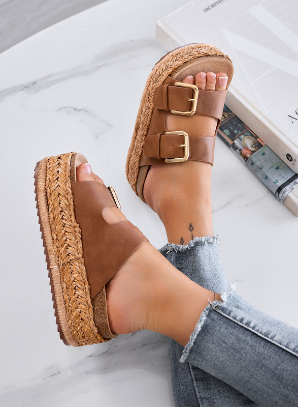DANIEL – Brown platform slide sandals with double buckle and rope sole