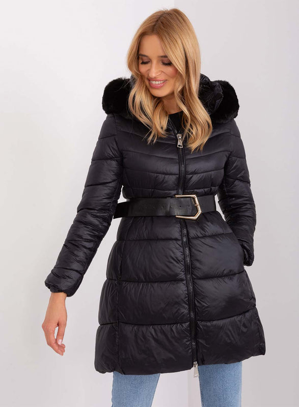 Manteau long matelassé avec capuche en fausse fourrure noir