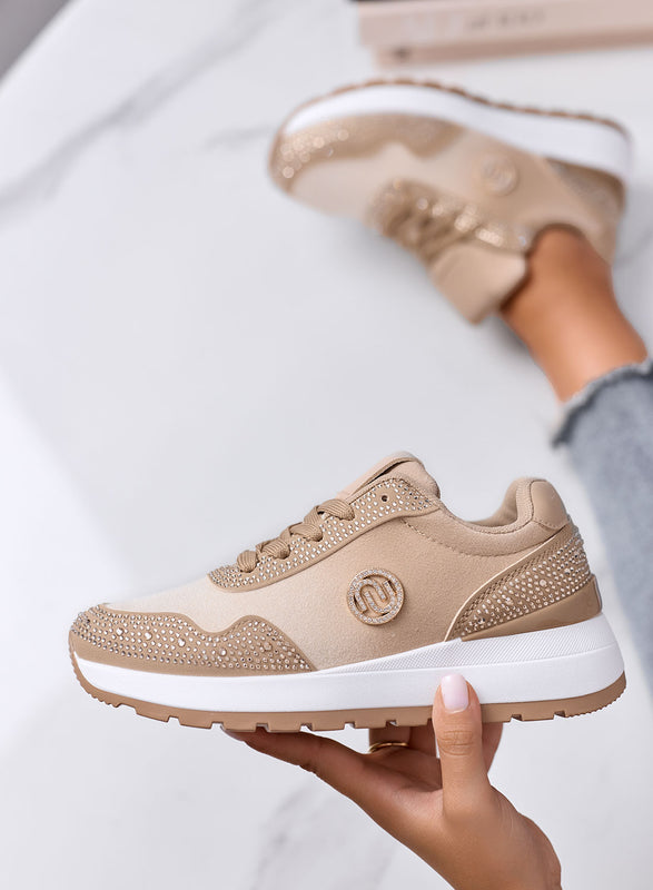 TINA - Sneakers platform fango e beige con Strass
