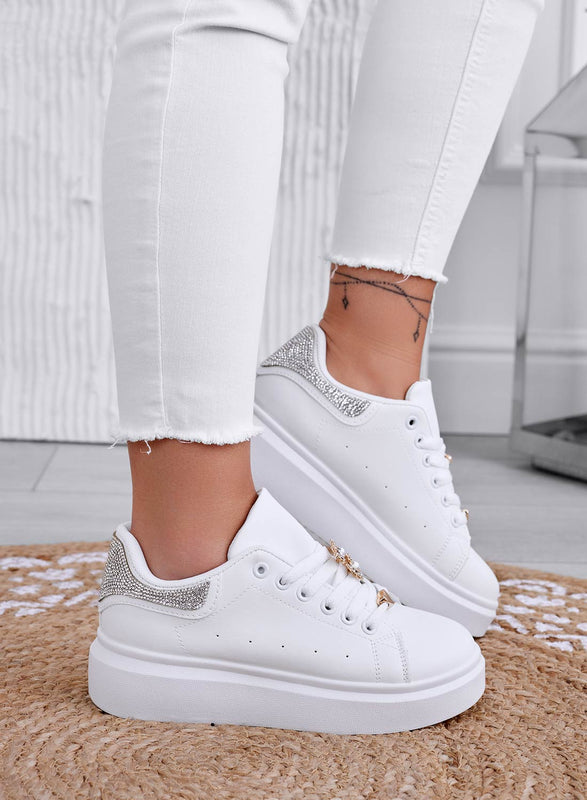 LAURA - White sneakers with jewel application and silver rhinestone back