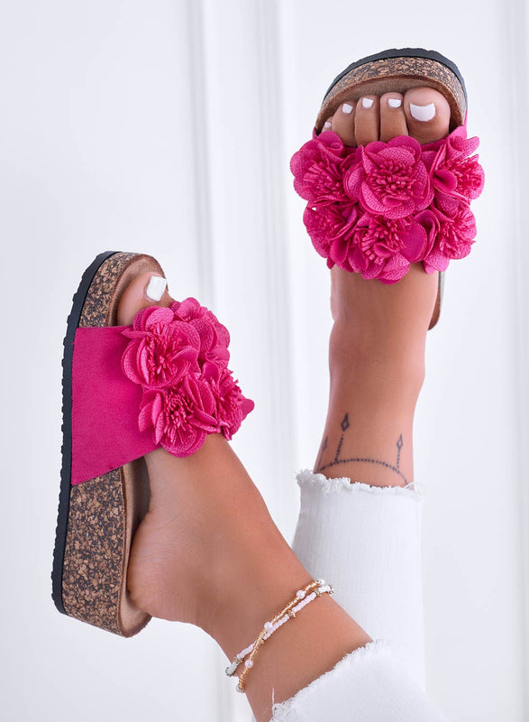 GLASS - Fuchsia Cork Wedge Sandals with Flowers